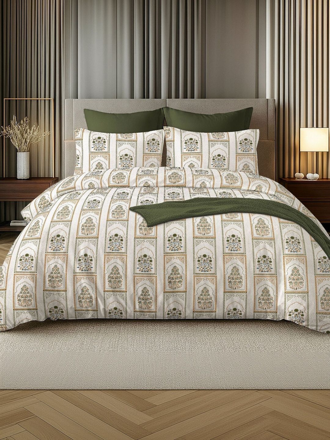 Sangria 3Pcs Green & Yellow Printed 160 TC Bedsheets With Pillow Covers -107 x 98 Inch-picture-48