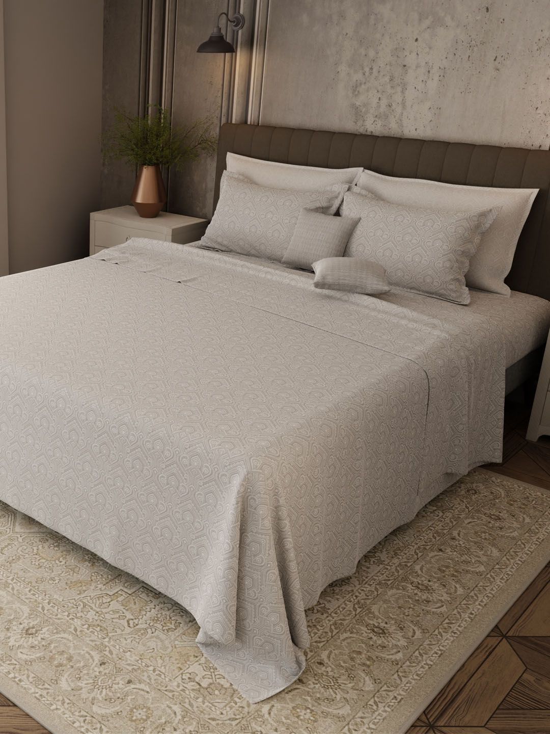 Boutique Living India Grey Ethnic Motifs Cotton 7 Piece Double King Regular Bedding Set-image-46
