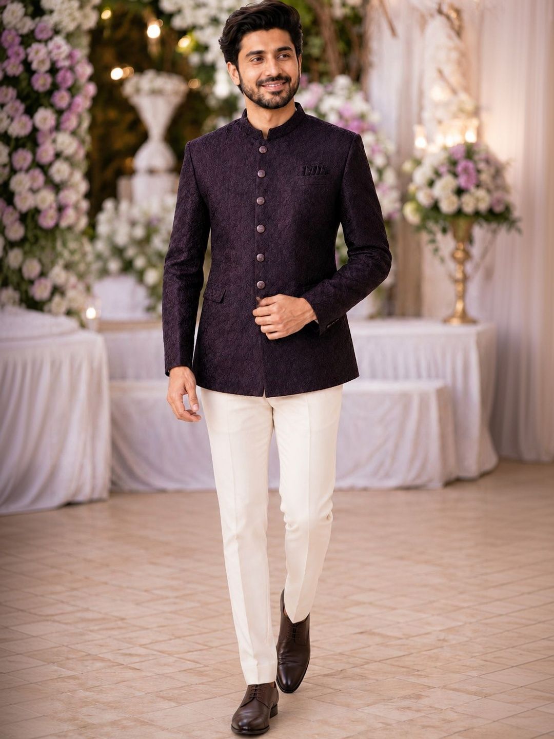 House of Pataudi Self Design Mandarin Collar Jodhpuri Ethnic Blazers-picture-11