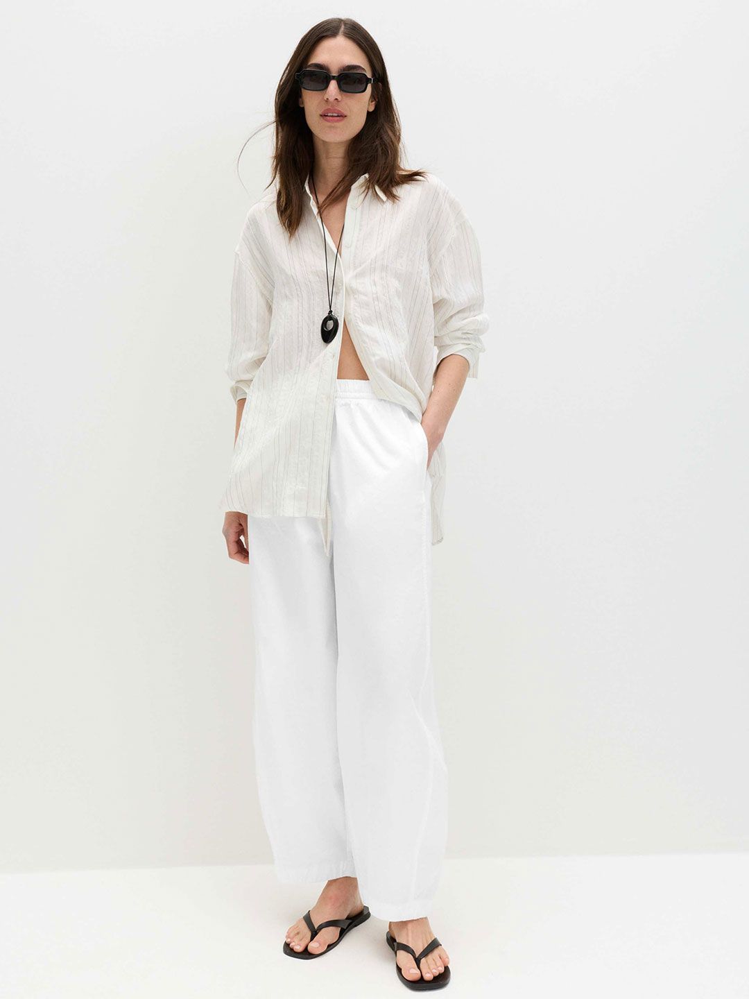 Marks & Spencer Solid White Pure Cotton Trousers-image-4