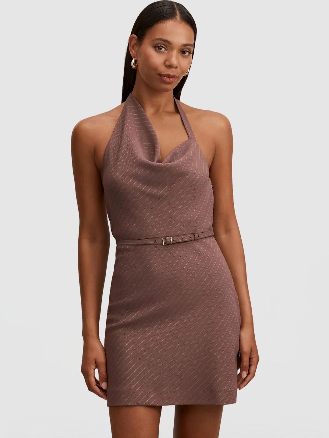 Forever New Striped Cowl Neck Sheath Mini Dress-image-24