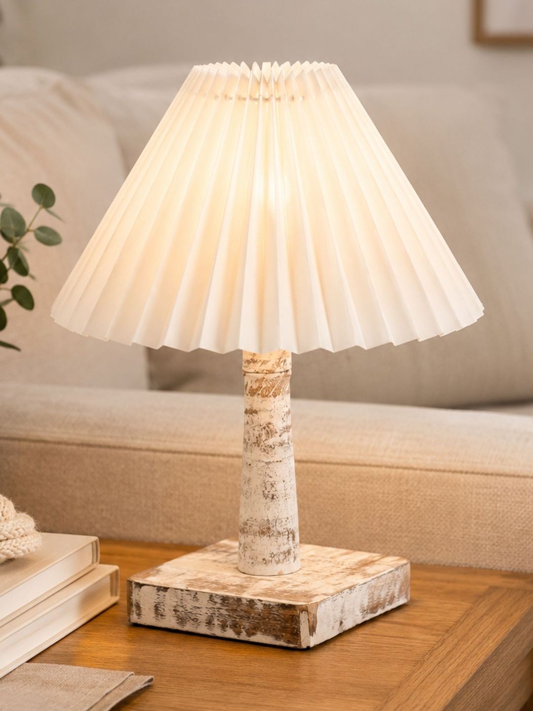 Glowhere White Textured Wood Contemporary Bell Shaped Table Lamp-image-46