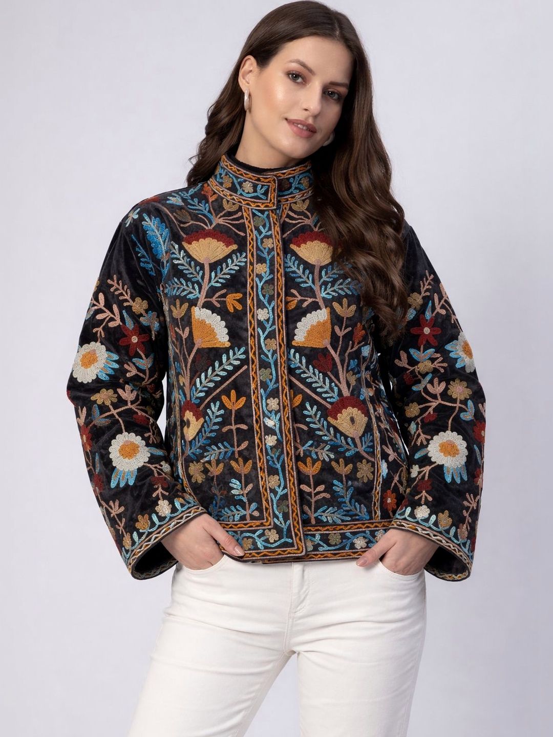 HANDICRAFT PALACE Women Floral Open Front Jacket with Embroidered-picture-23