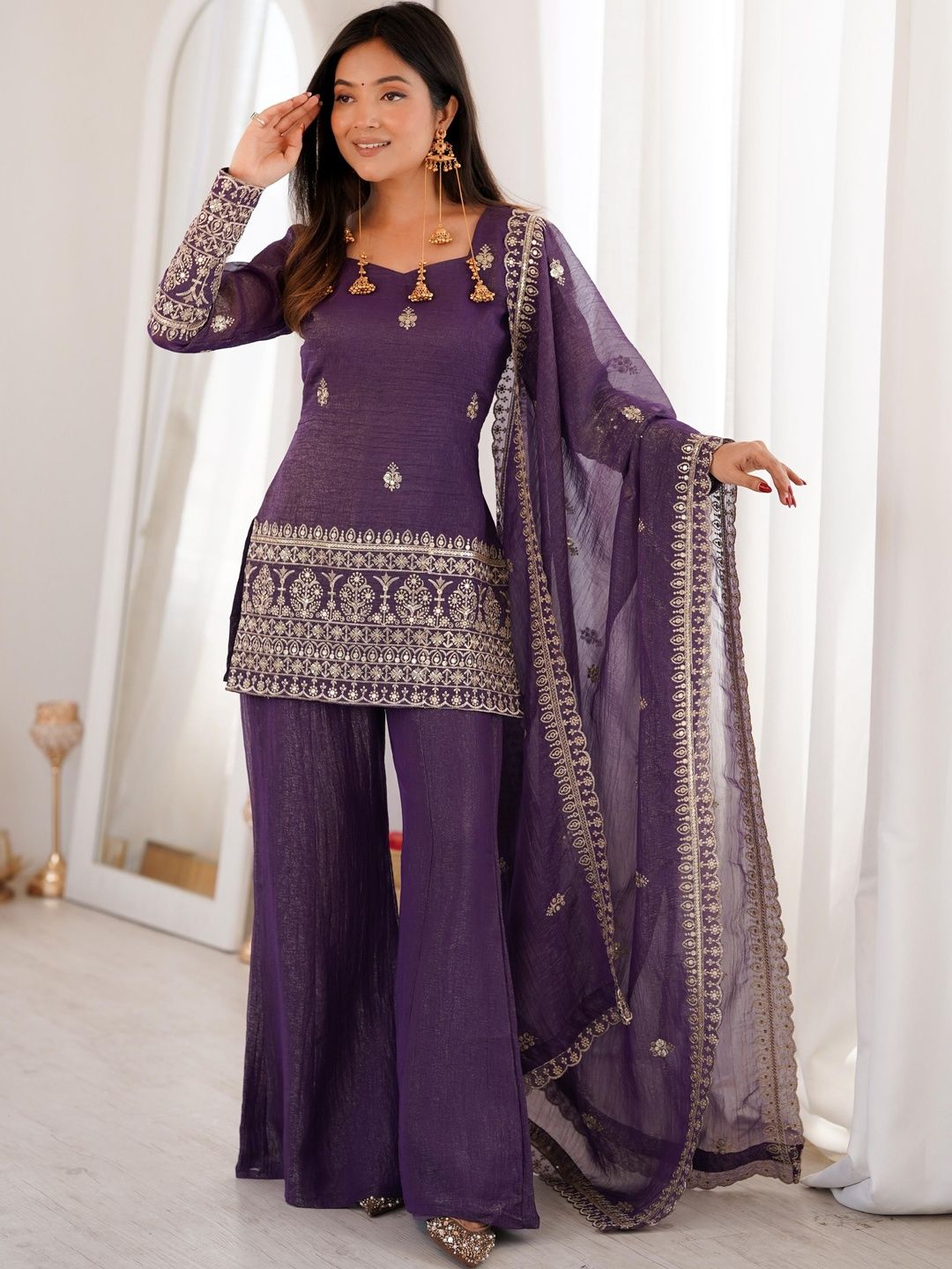 JOOZO WEAR Women Ethnic Motifs Embroidered Regular Kurta with Palazzos & With Dupatta
