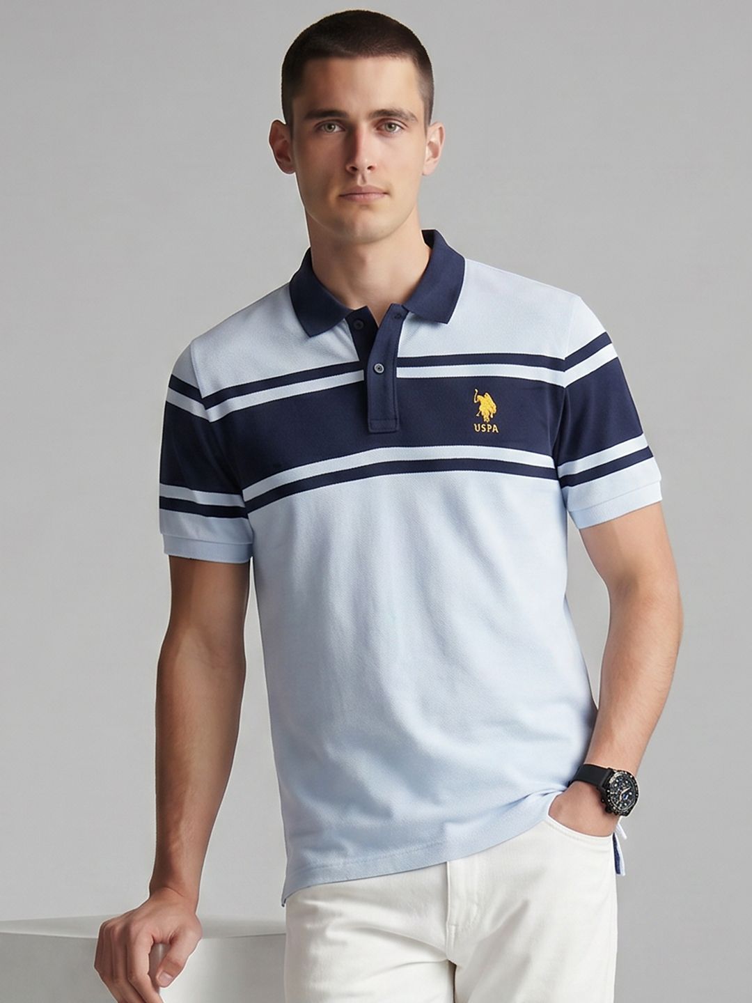 U.S. Polo Assn. Colourblocked Polo Collar Pure Cotton T-shirt-image-43