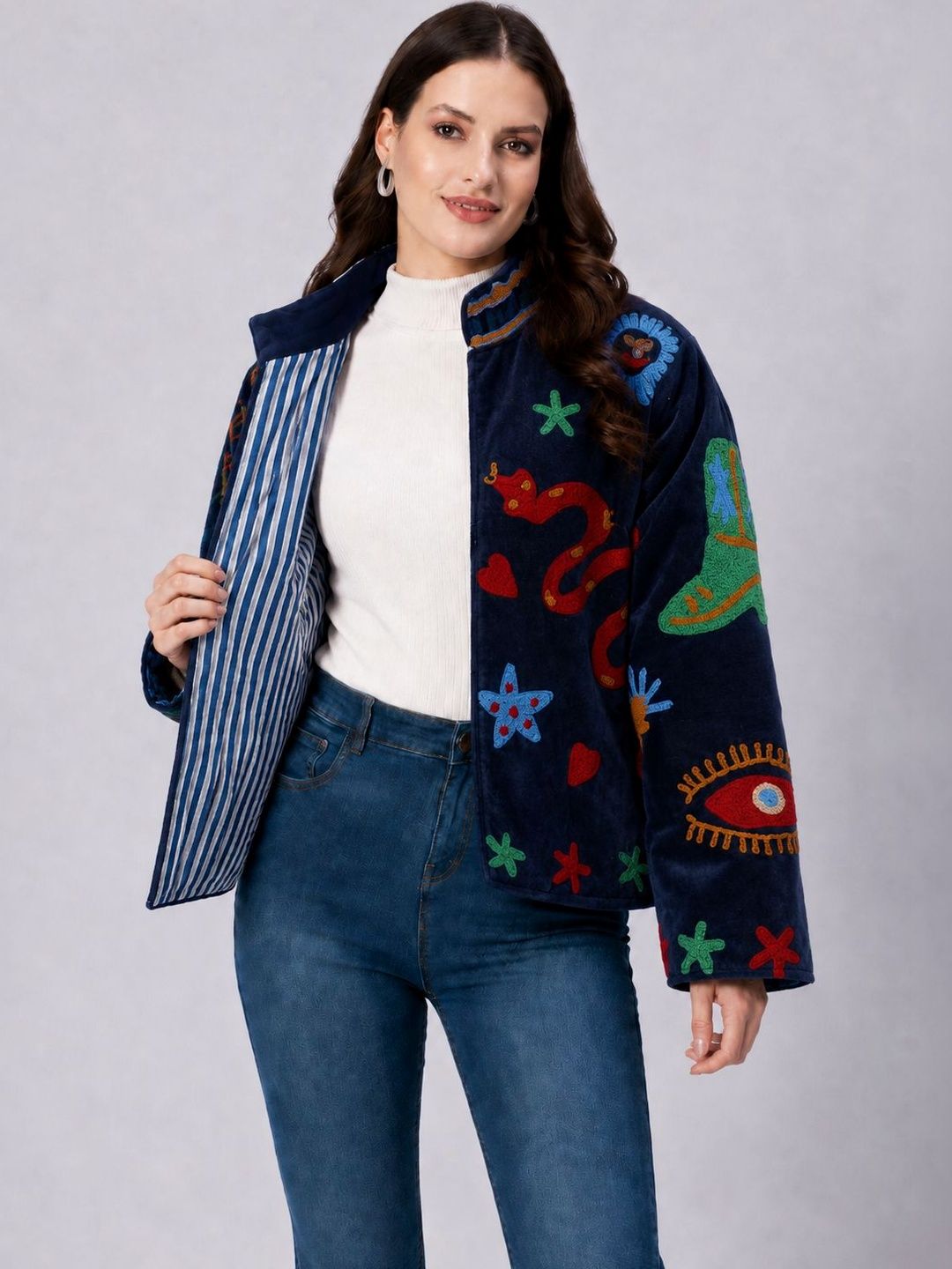 HANDICRAFT PALACE Women Open Front Jacket with Embroidered-picture-41