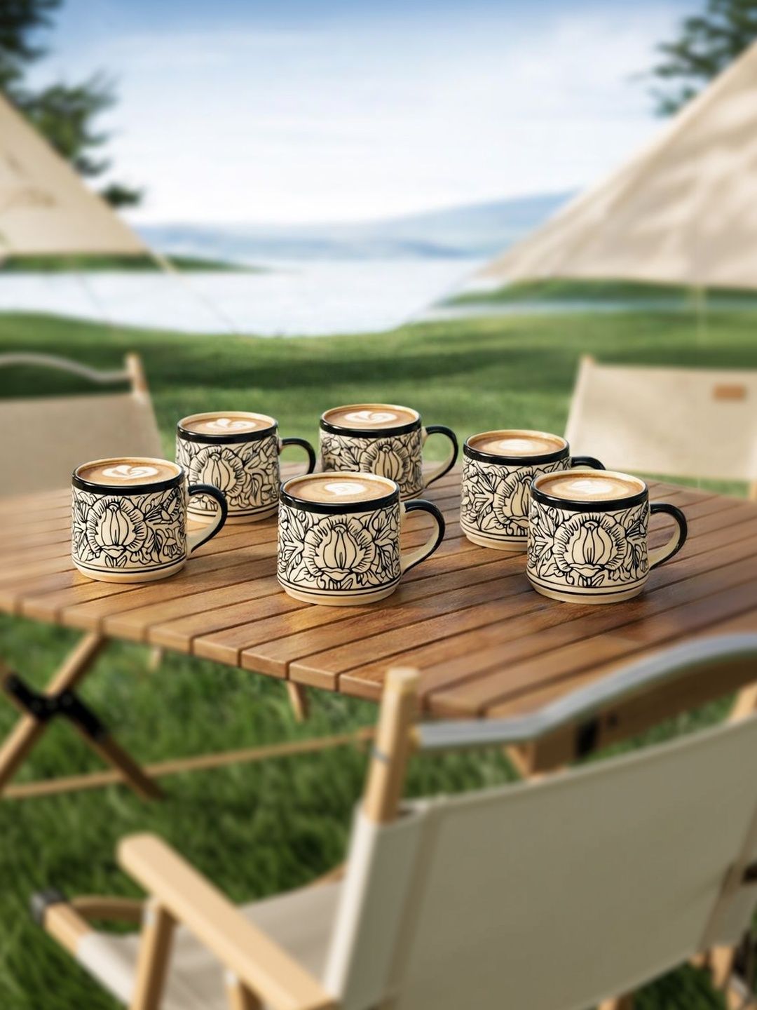 BRINNS Cream-Coloured Handcrafted Floral Ceramic Glossy Cups and Mugs Set of-image-7