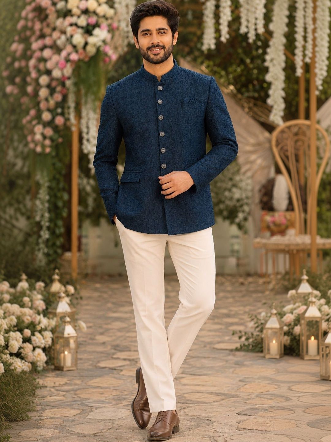 House of Pataudi Self Design Mandarin Collar Jodhpuri Ethnic Blazers-picture-35
