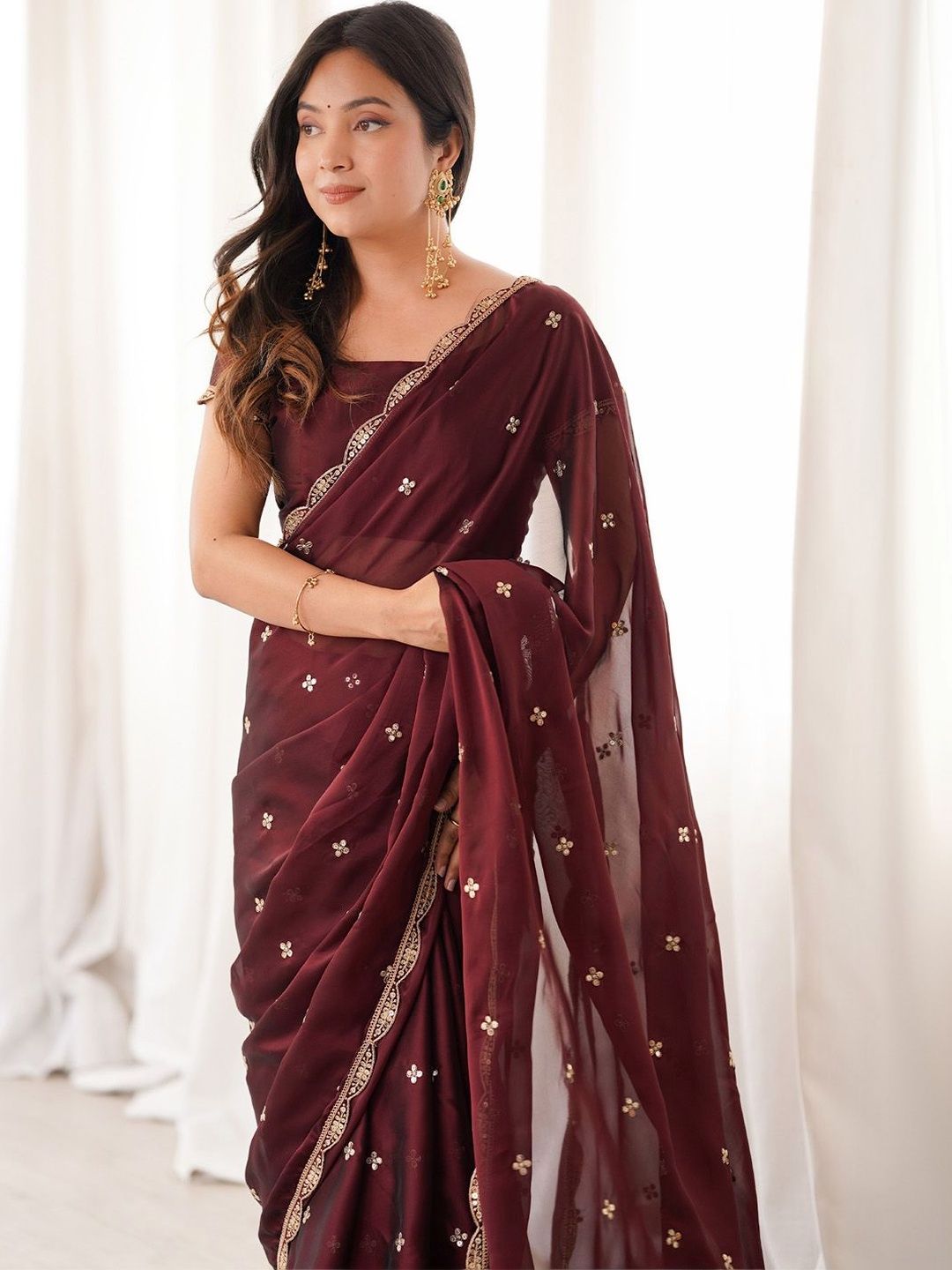 Saree mall Brown Embellished Sequinned Georgette Heavy Work Sarees Unstiched Blouse-image-44
