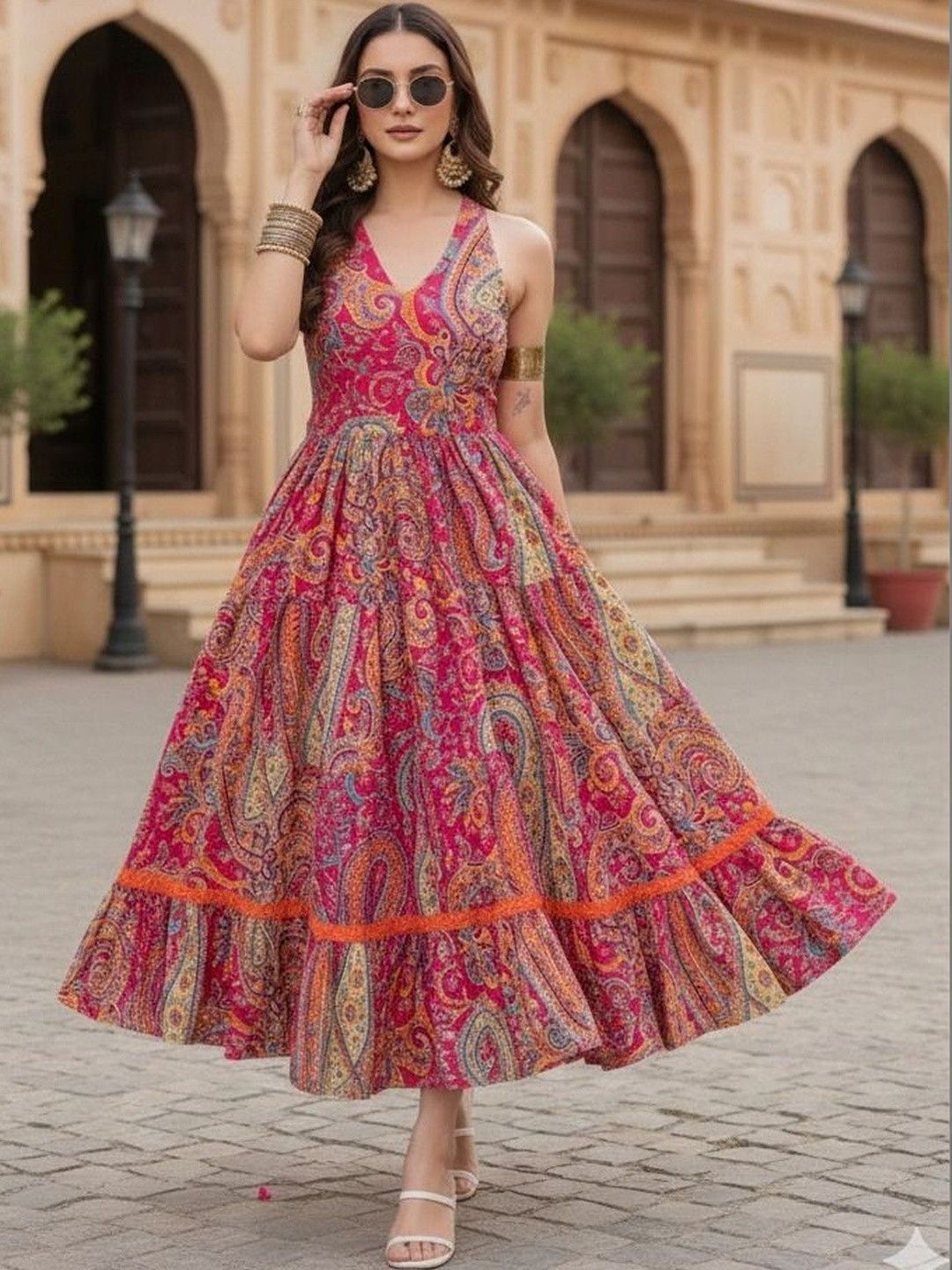 SKYDYEING Paisley Printed V-neck Cotton Fit and Flare Ethnic Dresses-image-10