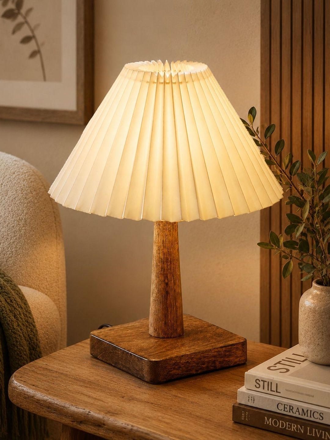 Glowhere Off White Textured Wood Frusturical Shaped Table Lamp-image-44