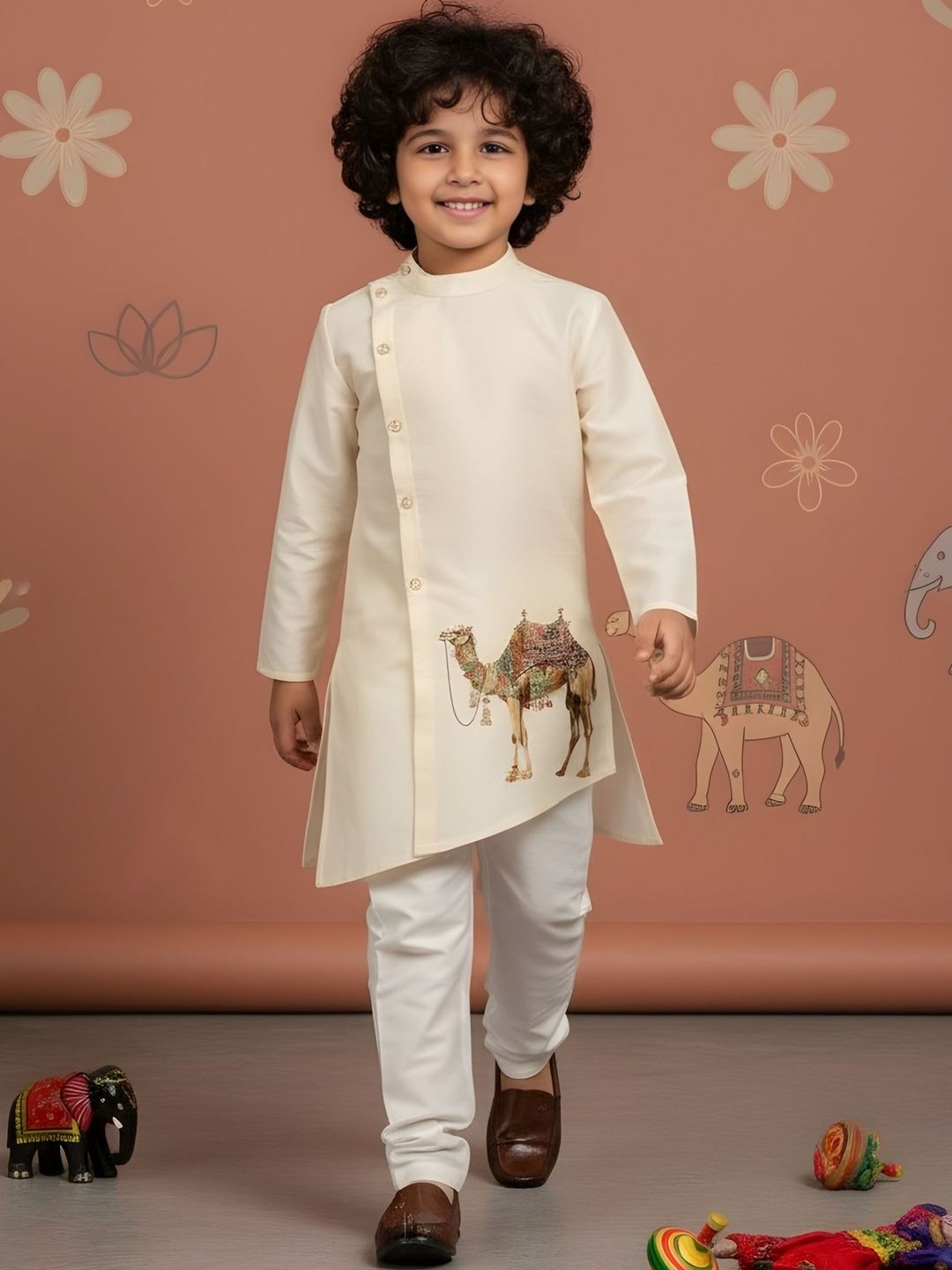 KALINI Boys Ethnic Motifs Printed Angrakha Dupion Silk Kurta with Pyjamas-picture-30