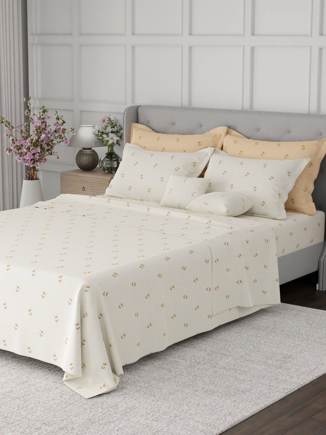 Boutique Living India Yellow & Peach-Coloured Floral Cotton 7 Piece Double King Regular Bedding Set-image-1
