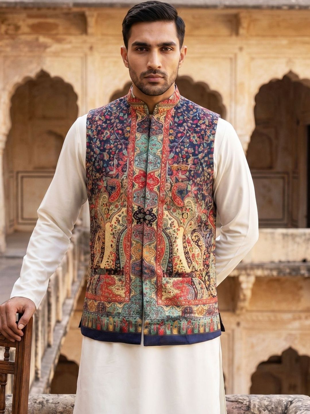 Jompers Printed Velvet Woven Nehru Jackets-image-16