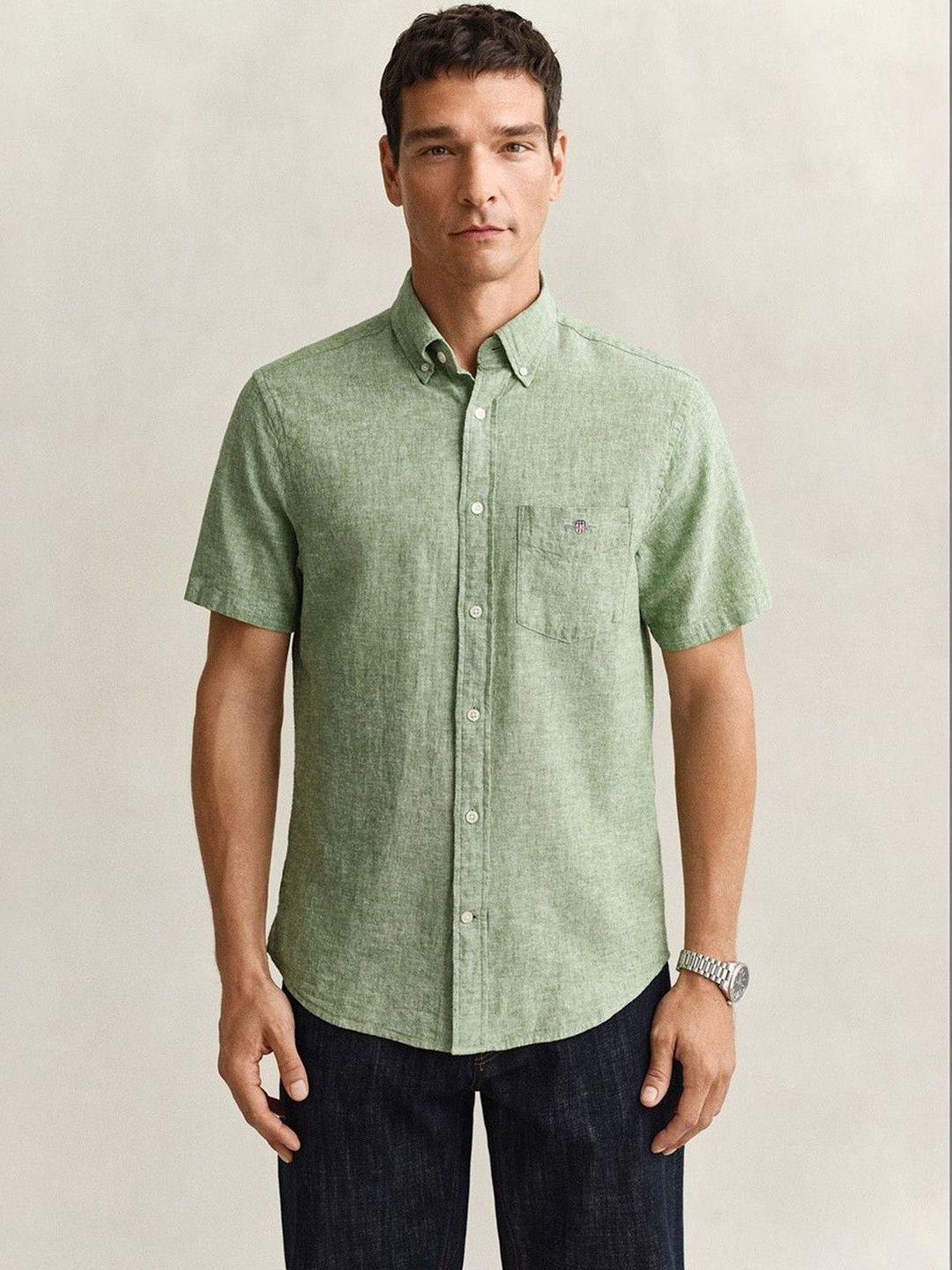 Gant Men Green Solid Regular Fit Cotton Linen Shirt-picture-10