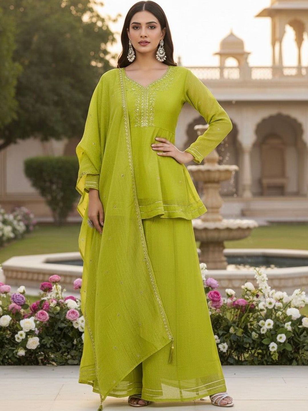 SOURAGYA Women Ethnic Motifs Embroidered Regular Kurti with Sharara & With Dupatta-picture-53
