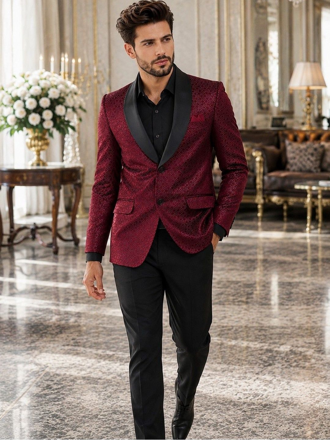 House of Pataudi Self Design Shawl Collar Tuxedo Tailored Fit Party Blazers-picture-31