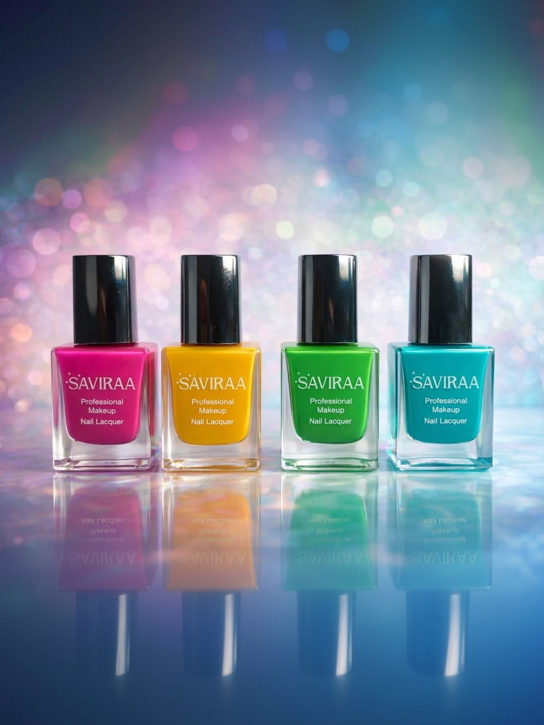 SAVIRAA Set Of 4 Nail Lacquer - 10 ml Each - Pink, Yellow, Green & Aqua Blue-picture-30