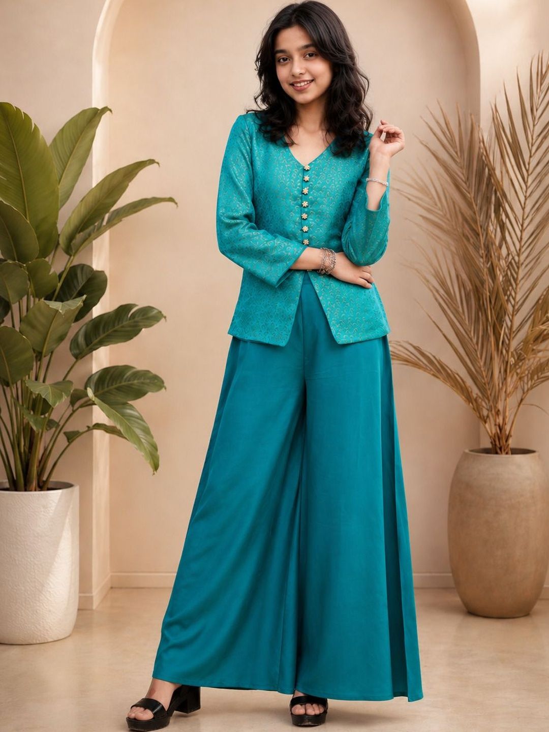 Sangria Girls Ethnic Motifs Regular Kurta with Palazzos-picture-39