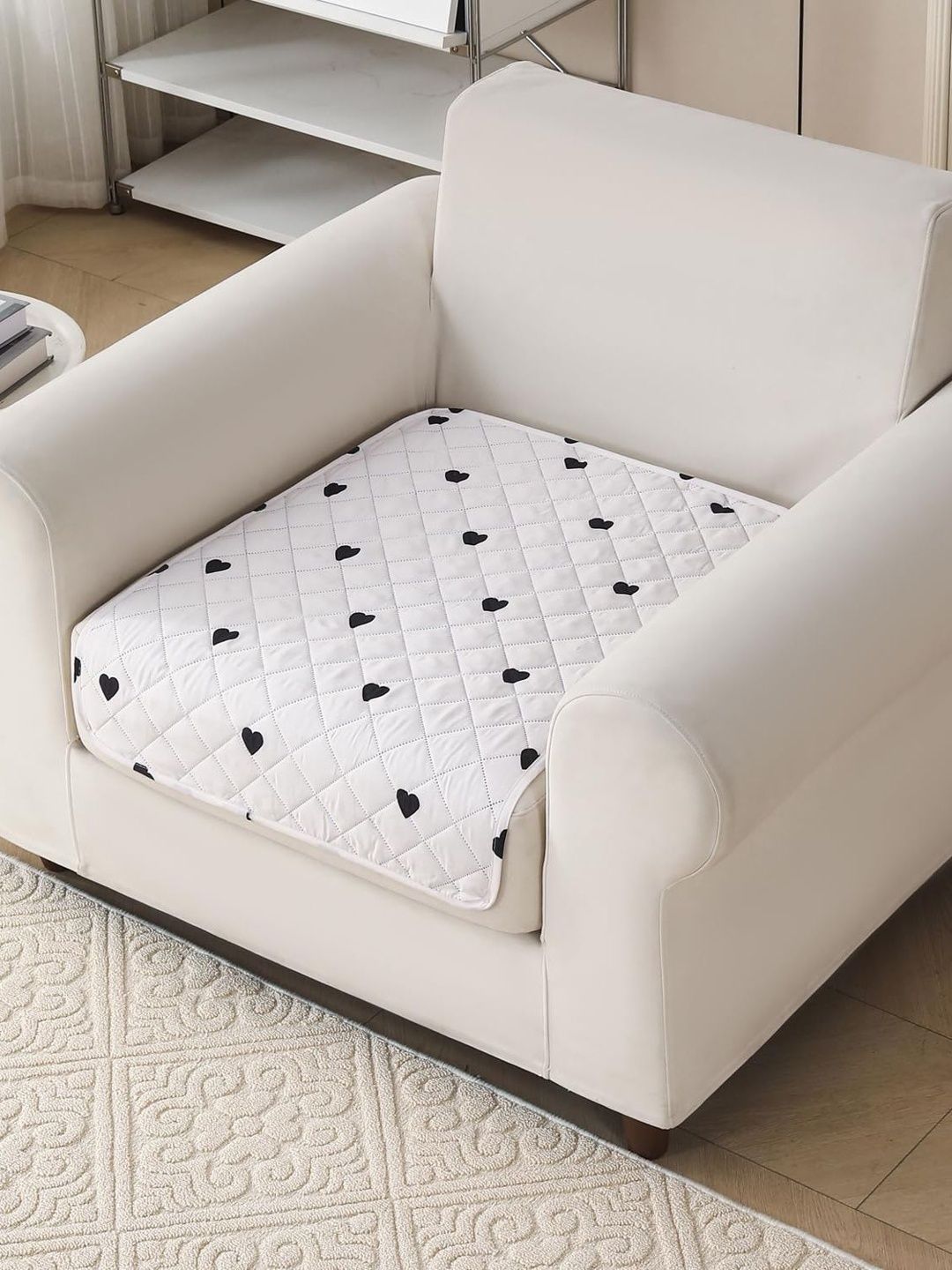HOUSE OF QUIRK White & White Printed 1 Piece Sofa Cover Without Arms-picture-51