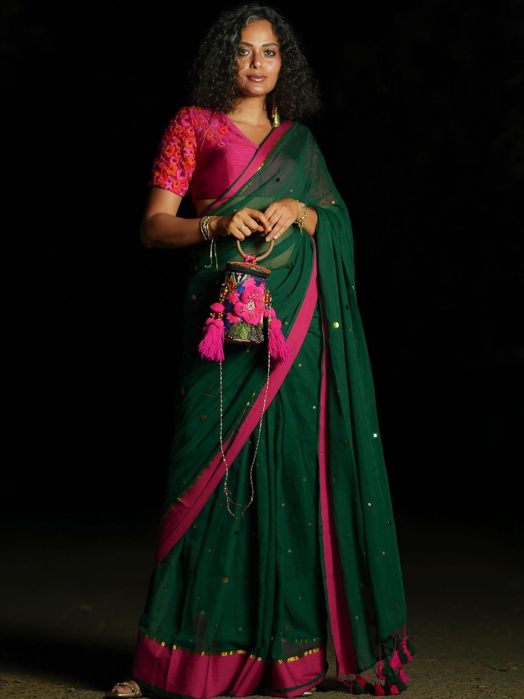 Suta Floral Sequinned Pure Cotton Fusion Saree-image-7