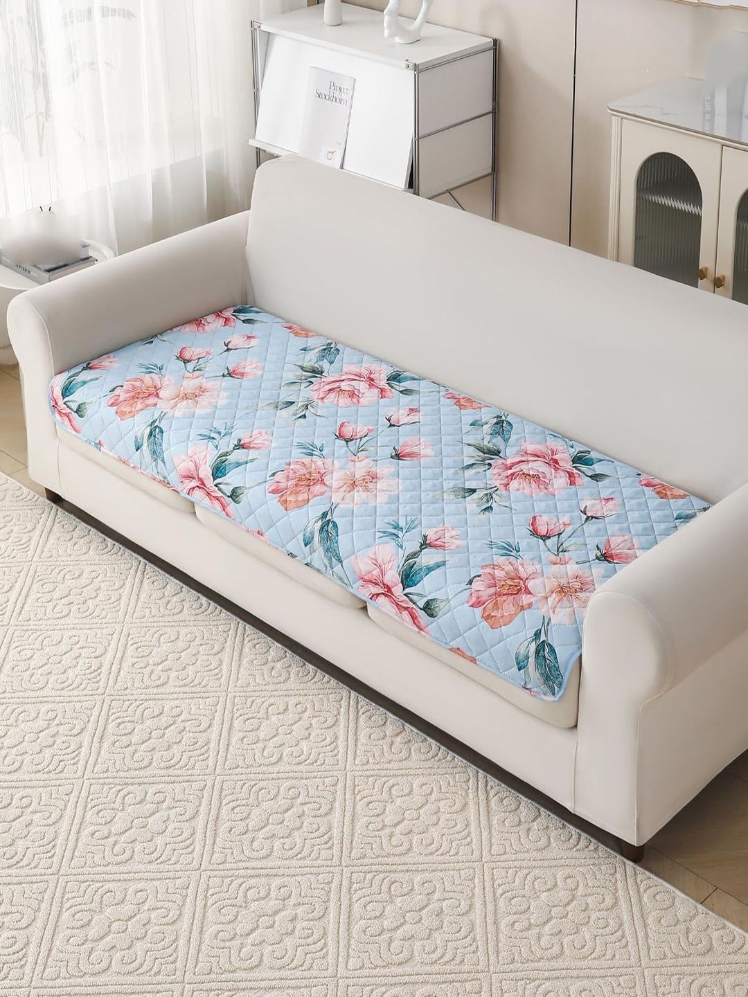 HOUSE OF QUIRK Blue & Blue Printed 1 Piece Sofa Cover Without Arms-image-26
