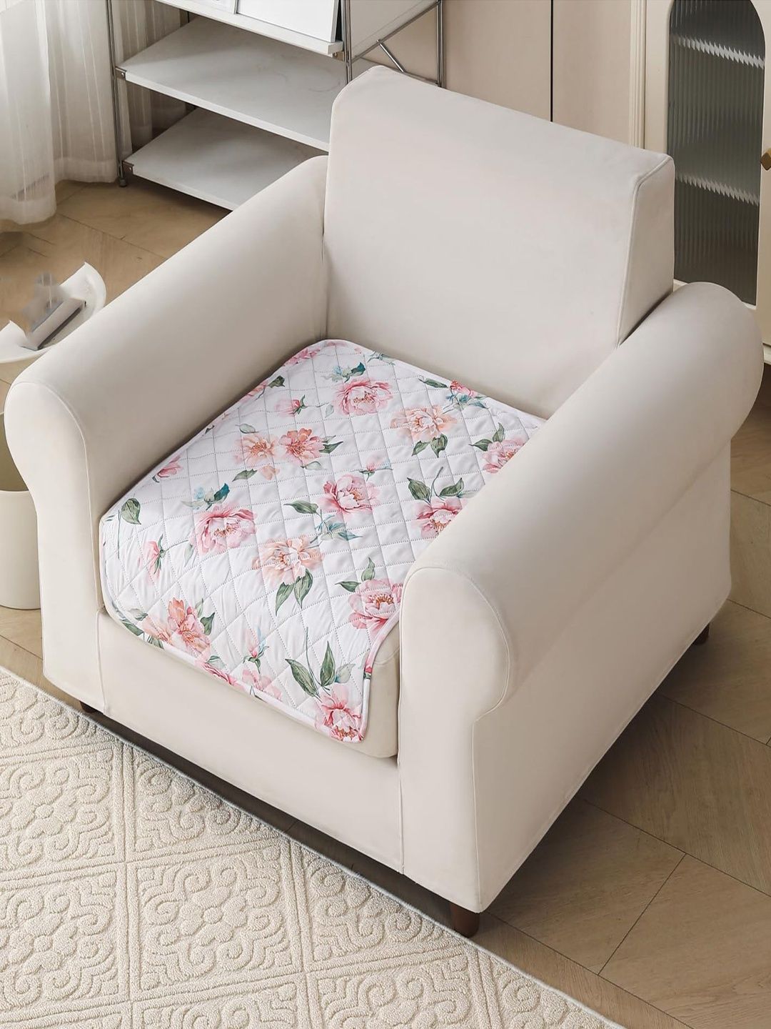 HOUSE OF QUIRK White & White Printed 1 Piece Sofa Cover Without Arms-picture-30