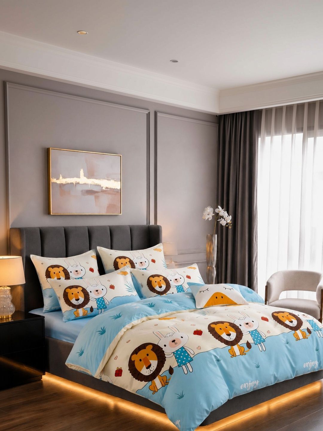 rf relaxfeel white & blue cartoon characters polycotton 1 piece double king fine bedding set