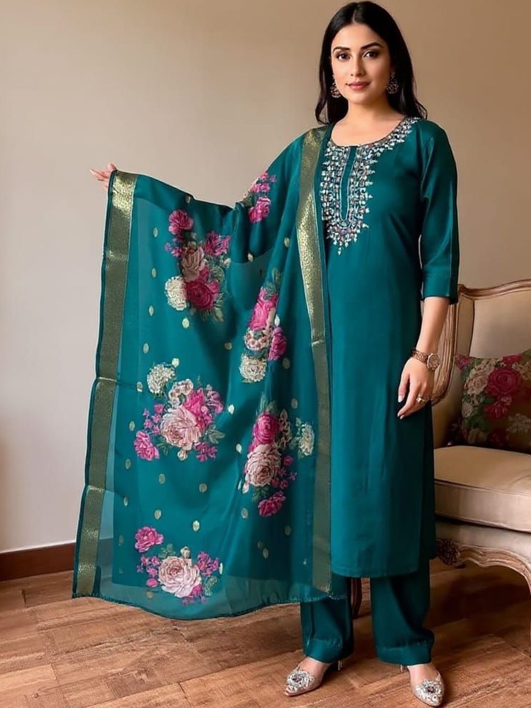 Moda Rapido Women Floral Embroidered Thread Work Pure Cotton Kurta with Trousers & Dupatta-picture-34