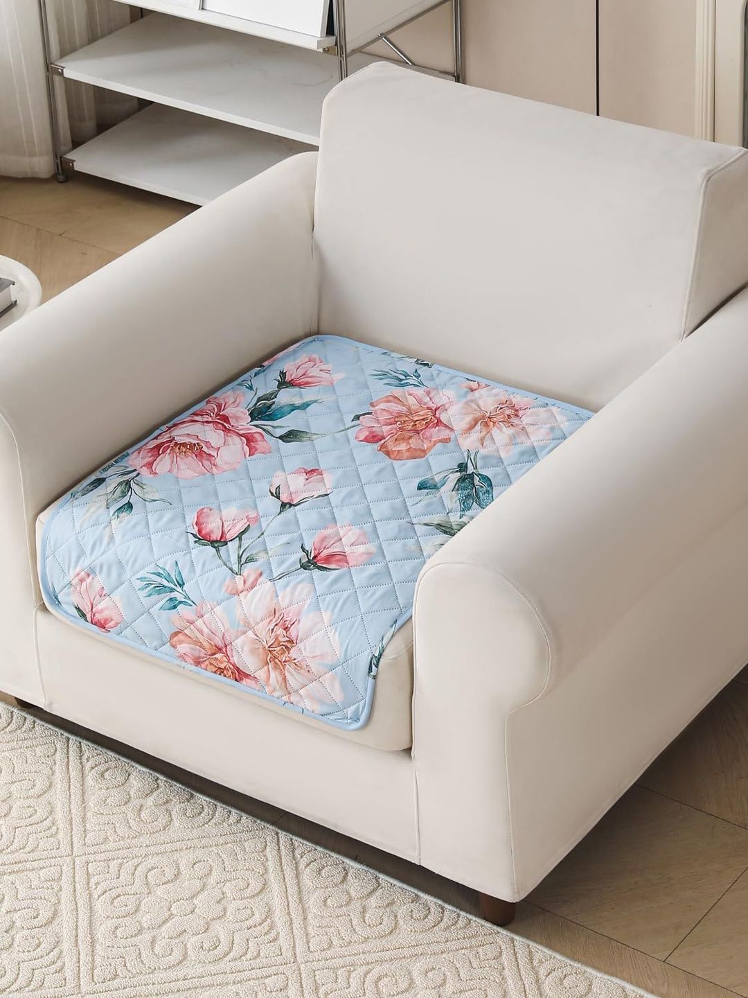 HOUSE OF QUIRK Blue & Blue Printed 1 Piece Sofa Cover Without Arms-picture-58