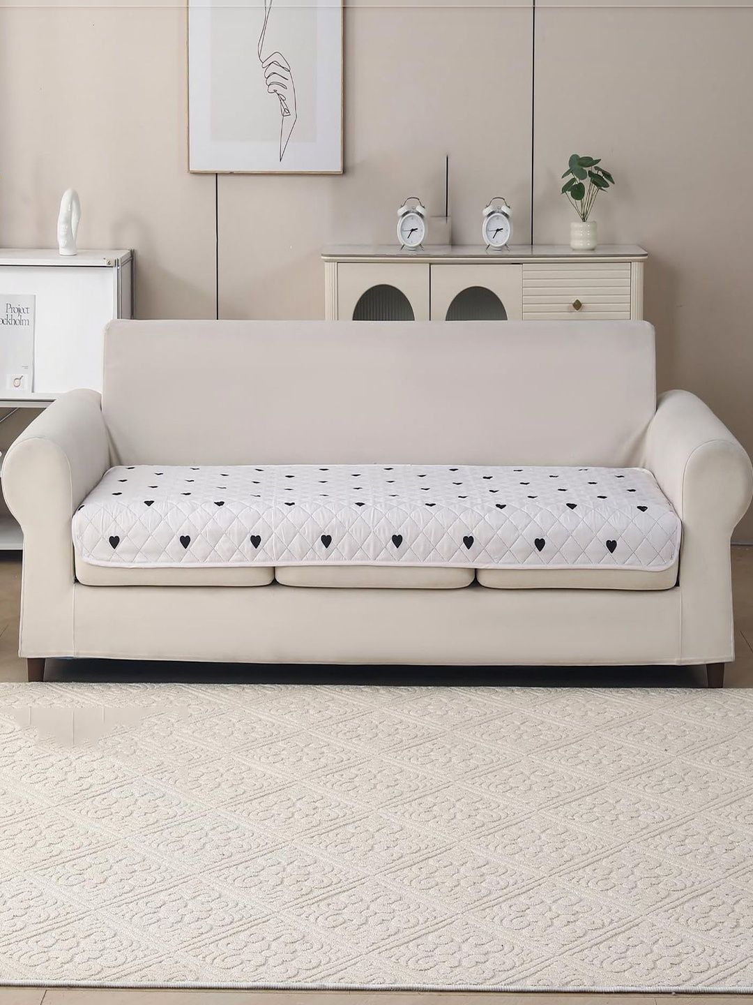 HOUSE OF QUIRK White & White Printed 1 Piece Sofa Cover Without Arms-picture-16
