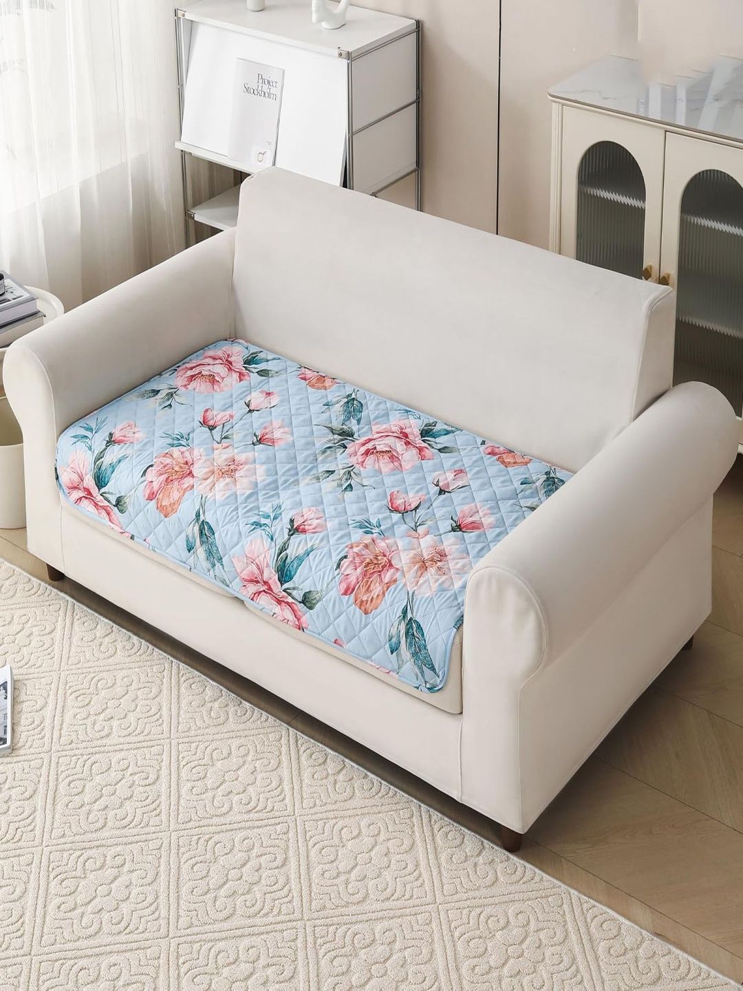 HOUSE OF QUIRK Blue & Blue Printed 1 Piece Sofa Cover Without Arms-image-31