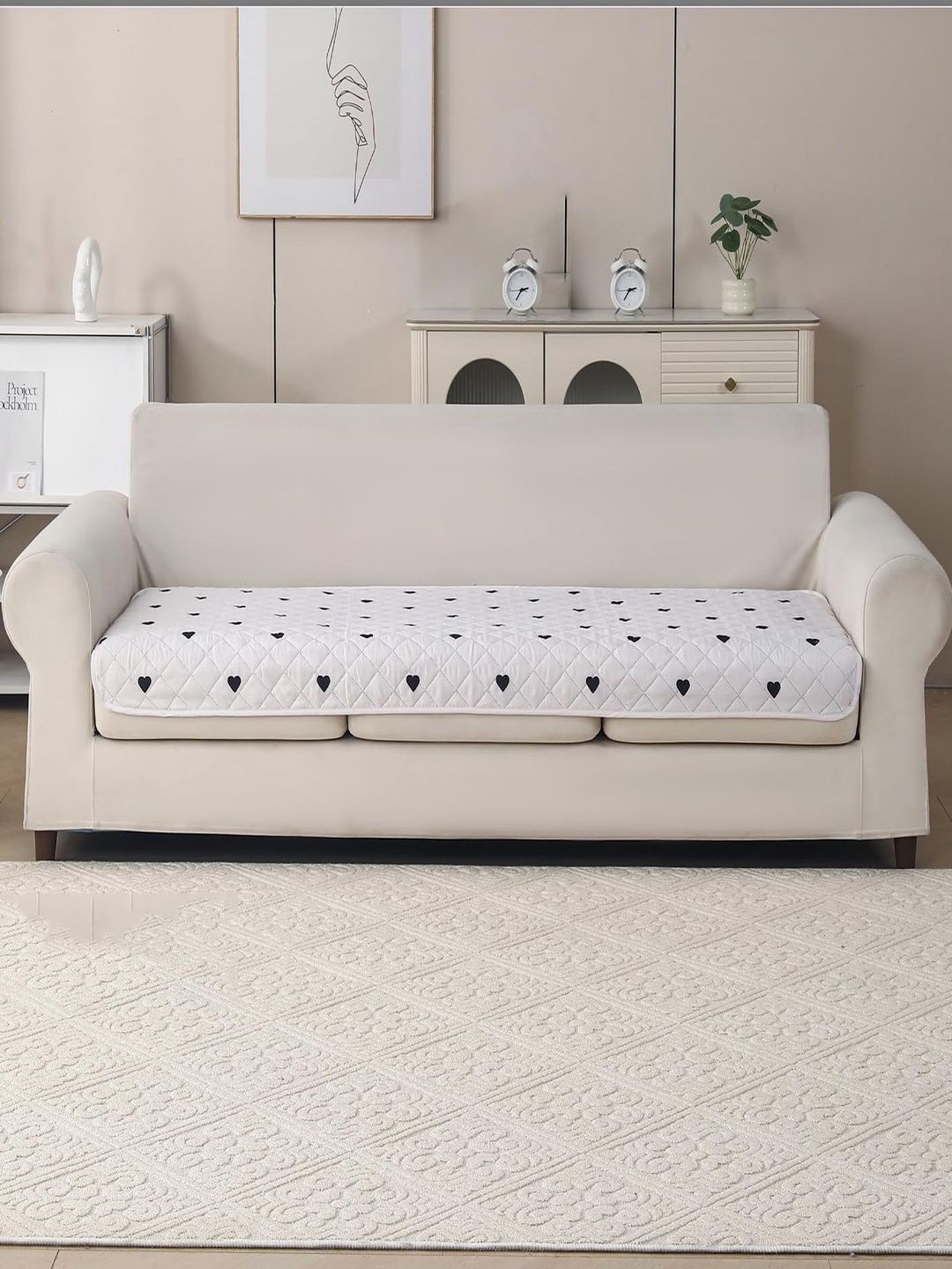 HOUSE OF QUIRK White & White Printed 1 Piece Sofa Cover Without Arms-picture-25