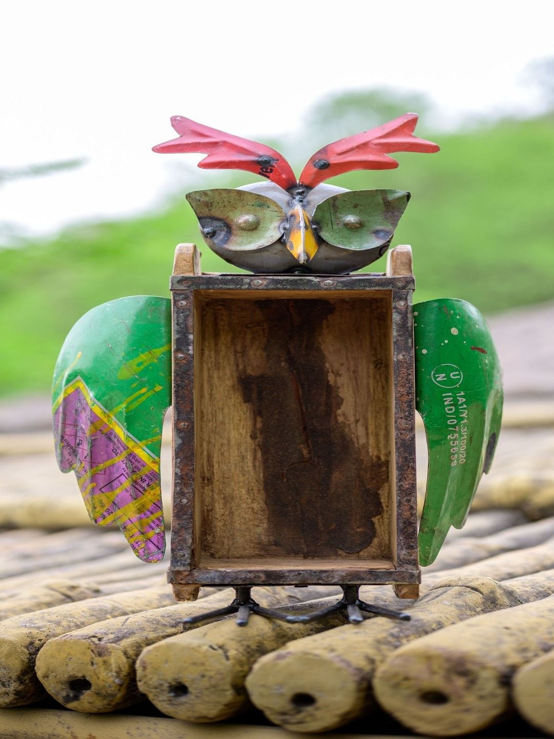 dekulture Green Recycled Iron Owl With Brick Mould Bottle Holder-picture-28