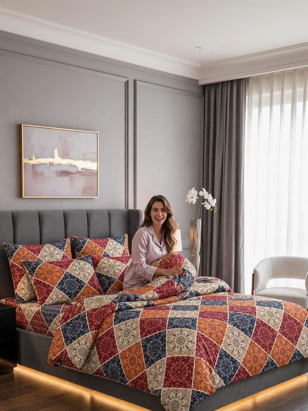 RF RELAXFEEL Red & Beige Floral Polycotton 1 Piece Double King Fine Bedding Set-image-42