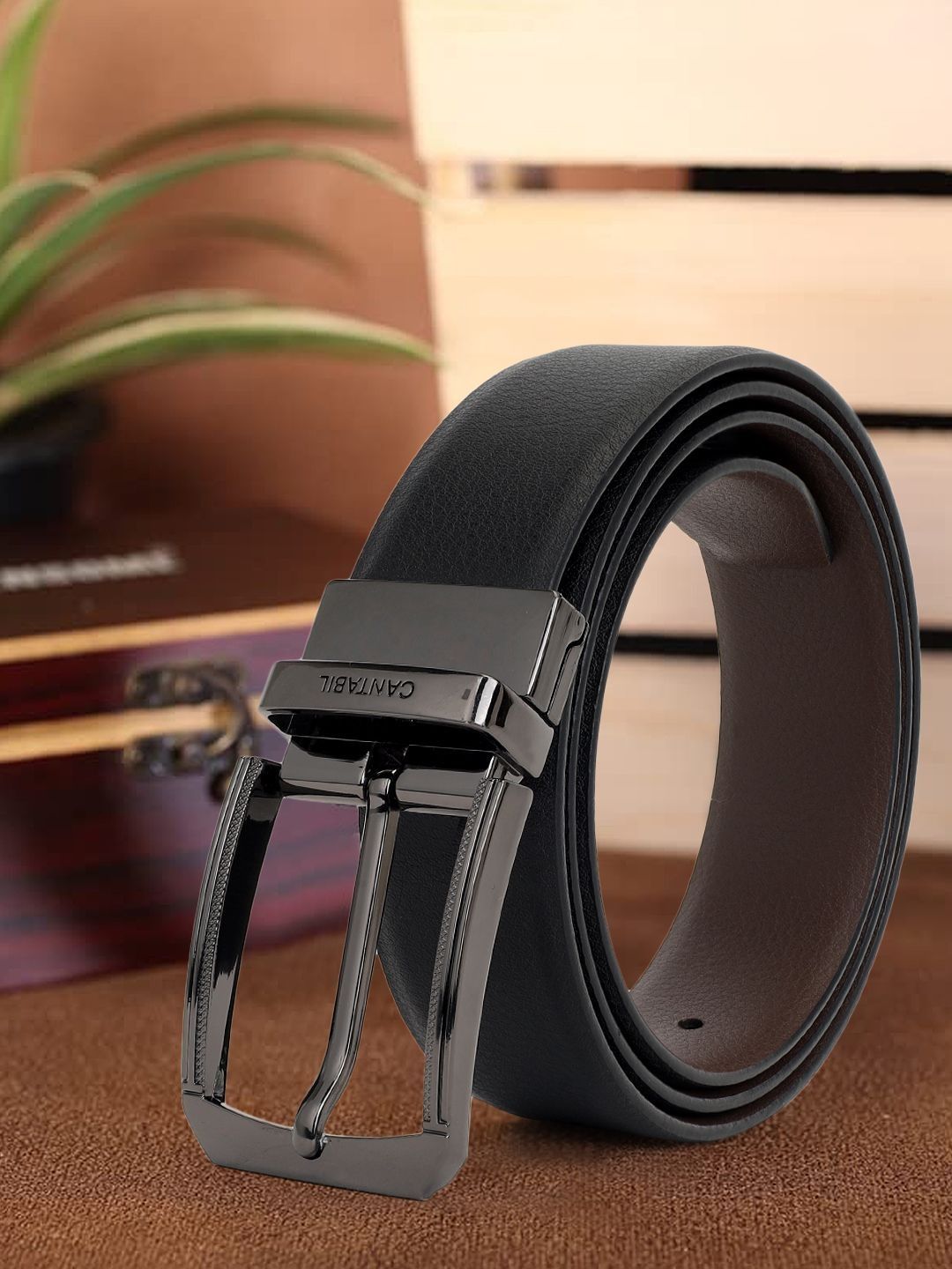 Cantabil Men Textured Leather Reversible Formal Belt-image-4