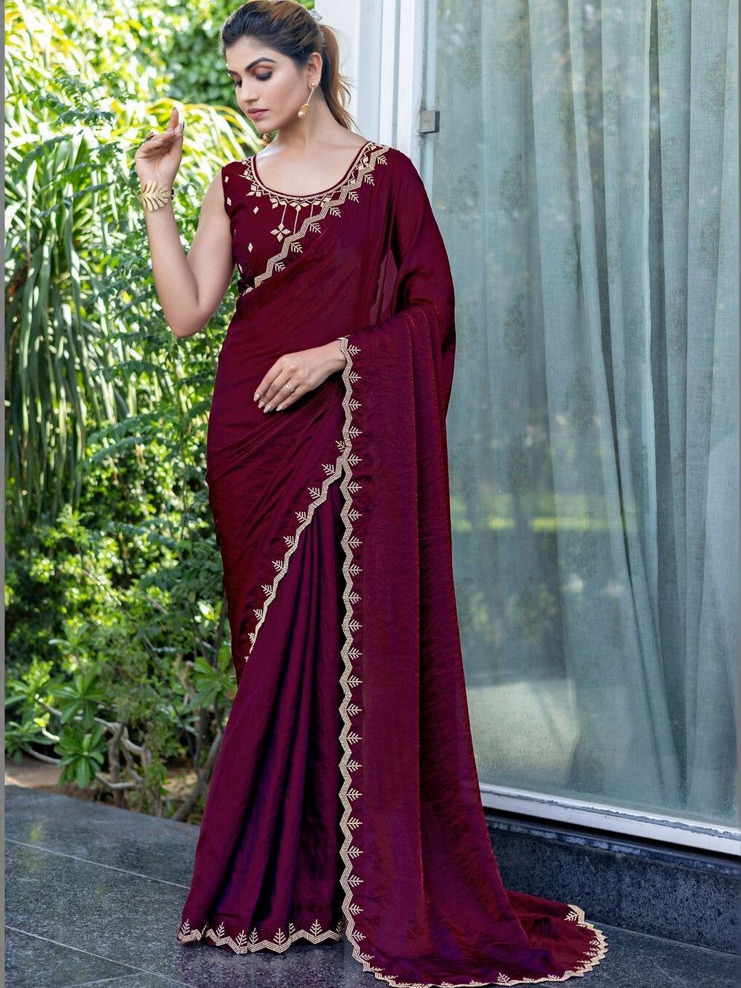 KALINI Embellished Embroidered Satin Heavy Work Saree-image-34