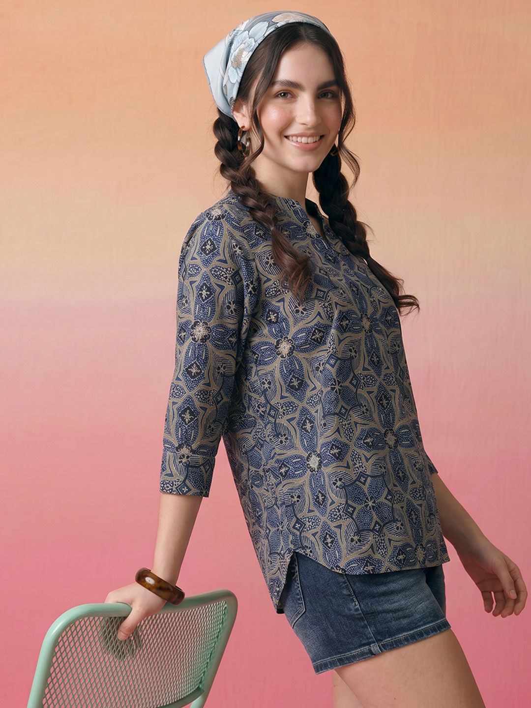 ZACCAI Blue Cotton Floral Printed A-Line Top-picture-28