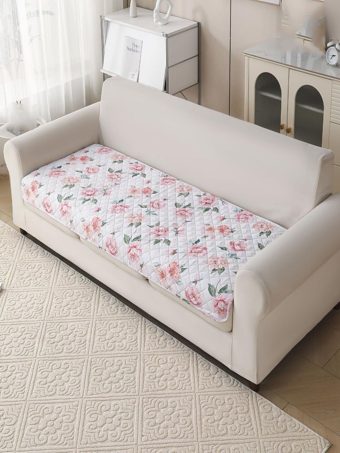 HOUSE OF QUIRK White & White Printed 1 Piece Sofa Cover Without Arms-picture-44