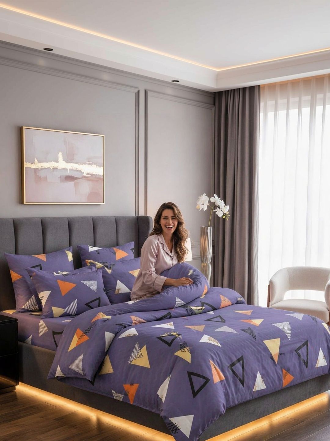 RF RELAXFEEL Grey Melange & Purple Floral Polycotton 1 Piece Double King Fine Bedding Set-image-1
