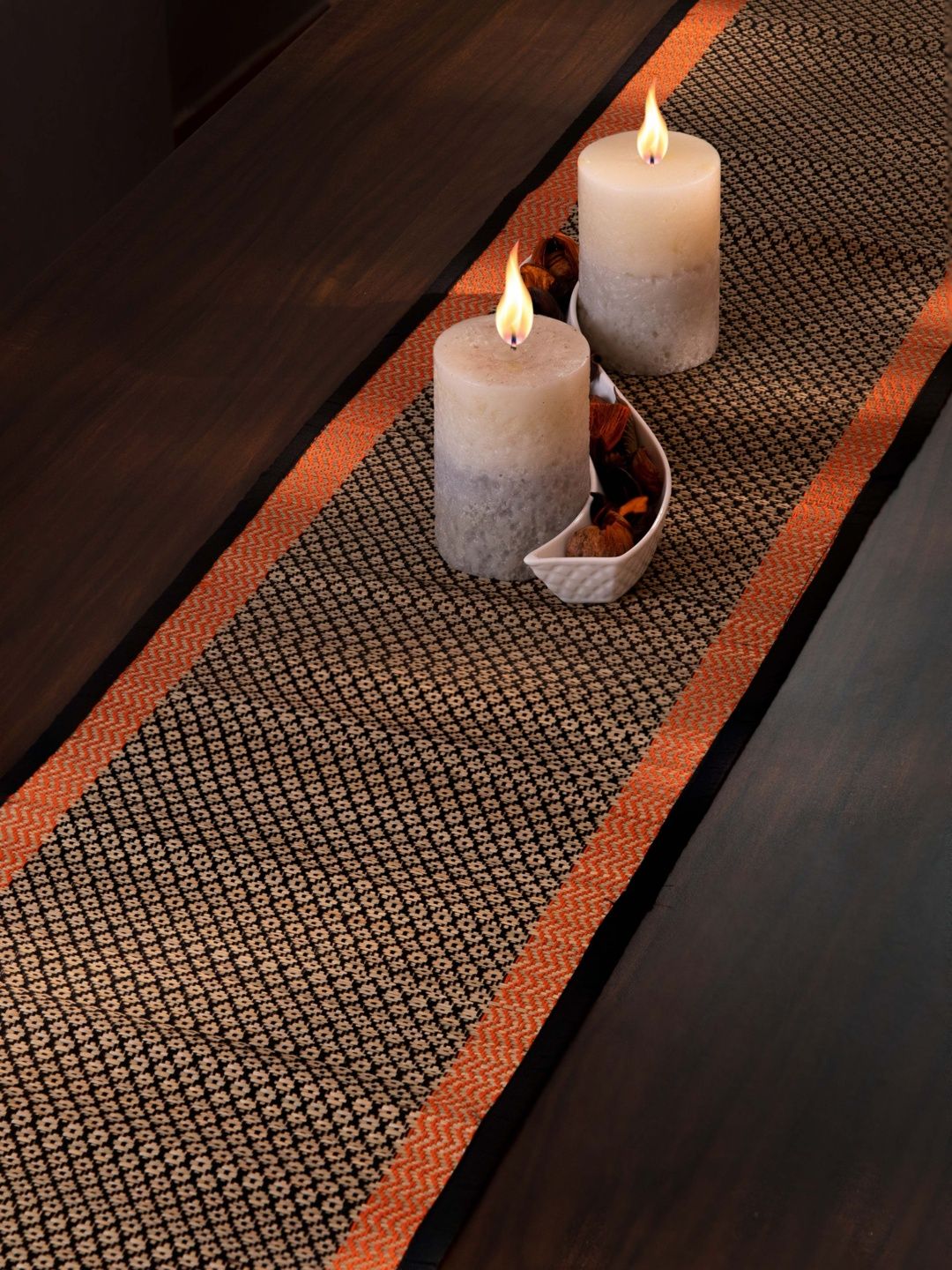 DHARINI Black & Orange Madurkathi Tassels Table Runner-image-31