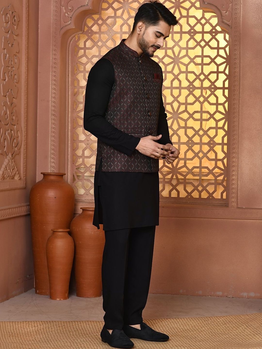 WANAS Jacquard Mandarin Collar Nehru Jacket-image-2