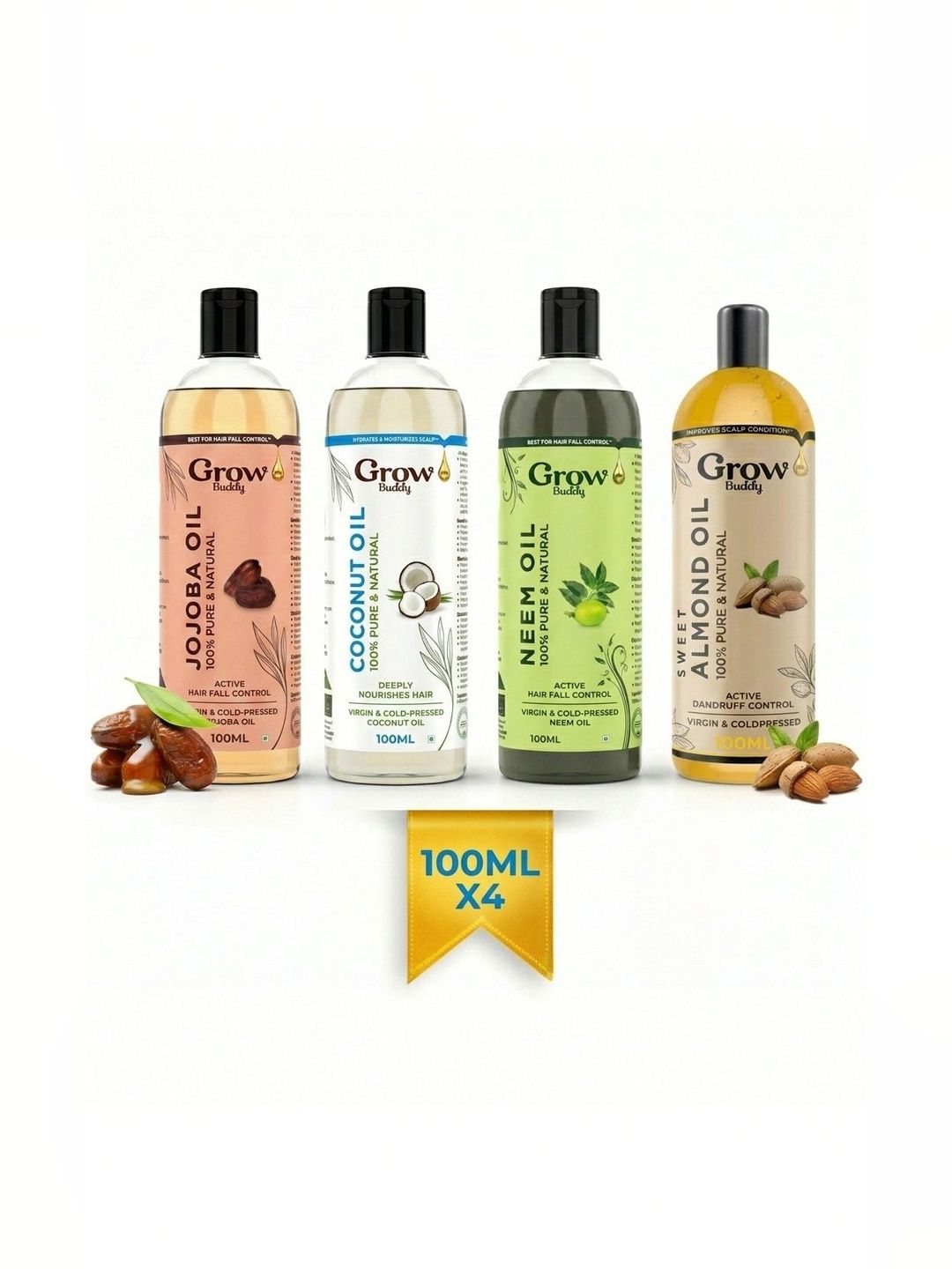 Growbuddy Set Of 4 Almond Oil, Coconut Oil, Neem Oil & Jojoba Oil - 100 ml Each-image-33