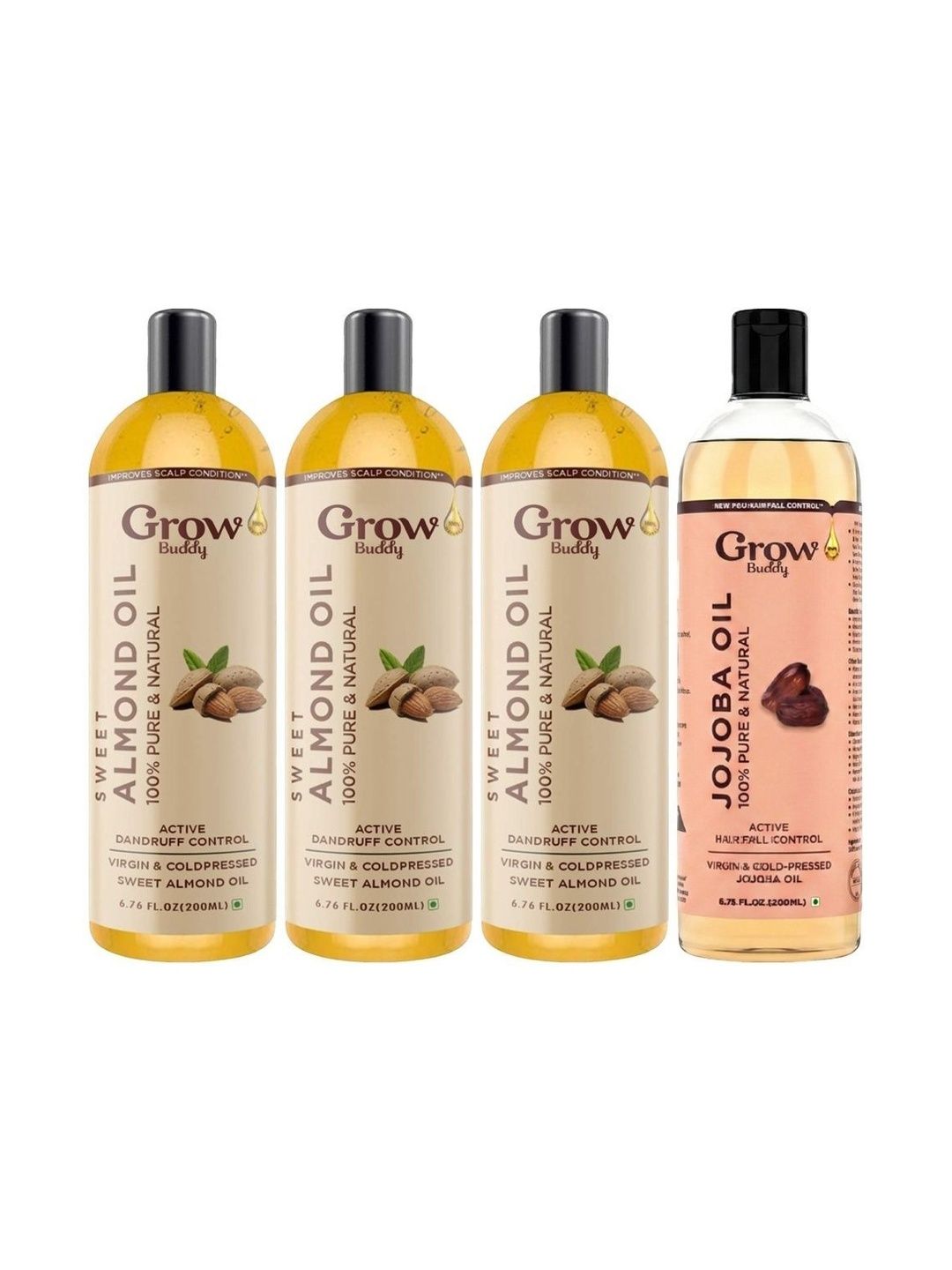 Growbuddy Set Of 4 Virgin & Cold Pressed Almond & Jojoba Oil - 200 ml Each-image-48