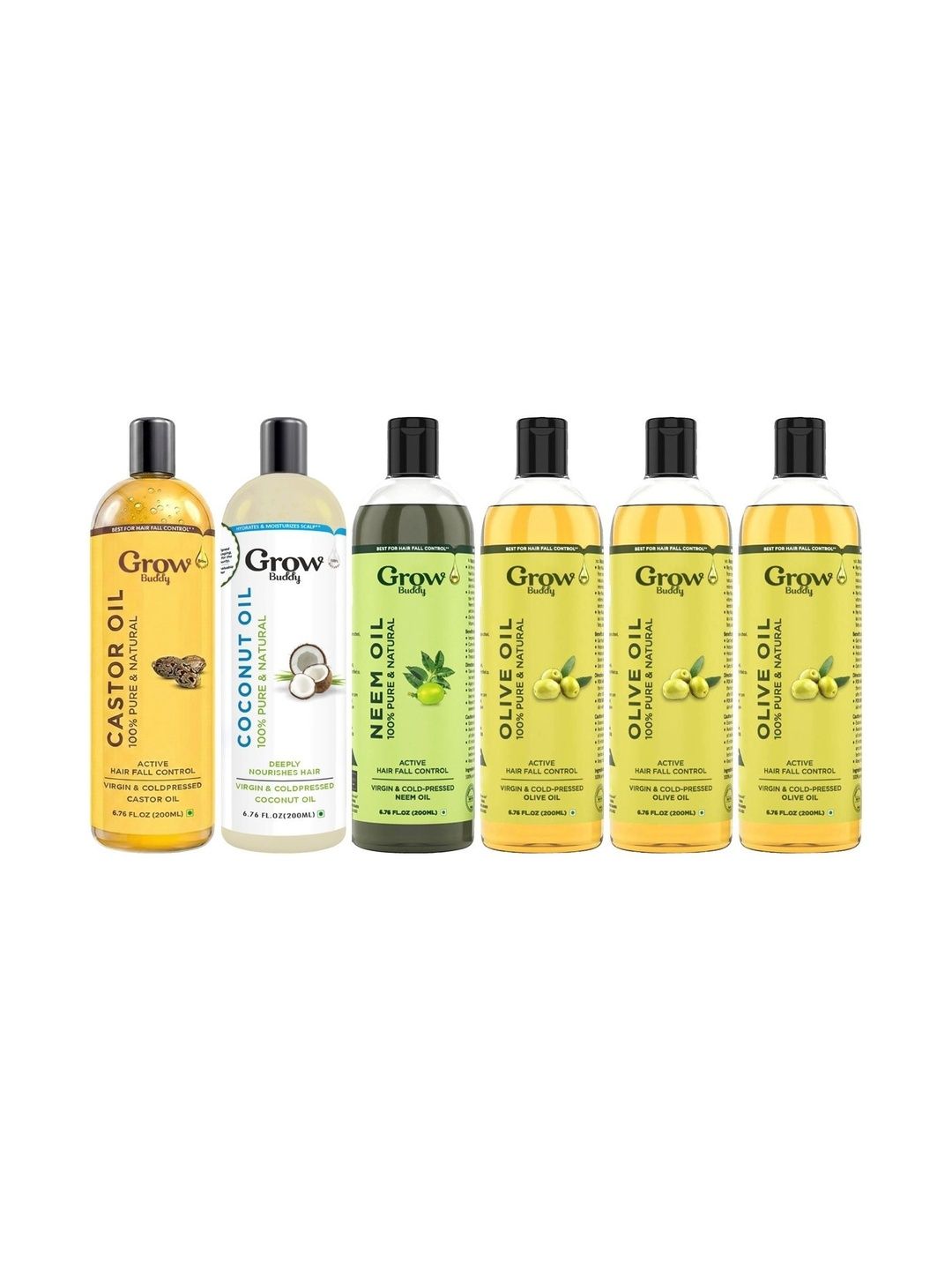Growbuddy Set Of 6 Castor Oil Coconut Oil Neem Oil & Olive Oil - 200 ml Each-image-48