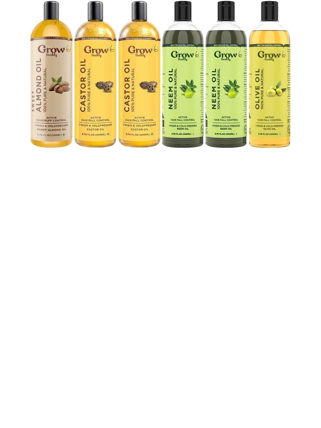 Growbuddy Set Of 6 Castor Oil Almond Oil Neem Oil & Olive Oil - 200 ml Each-image-26