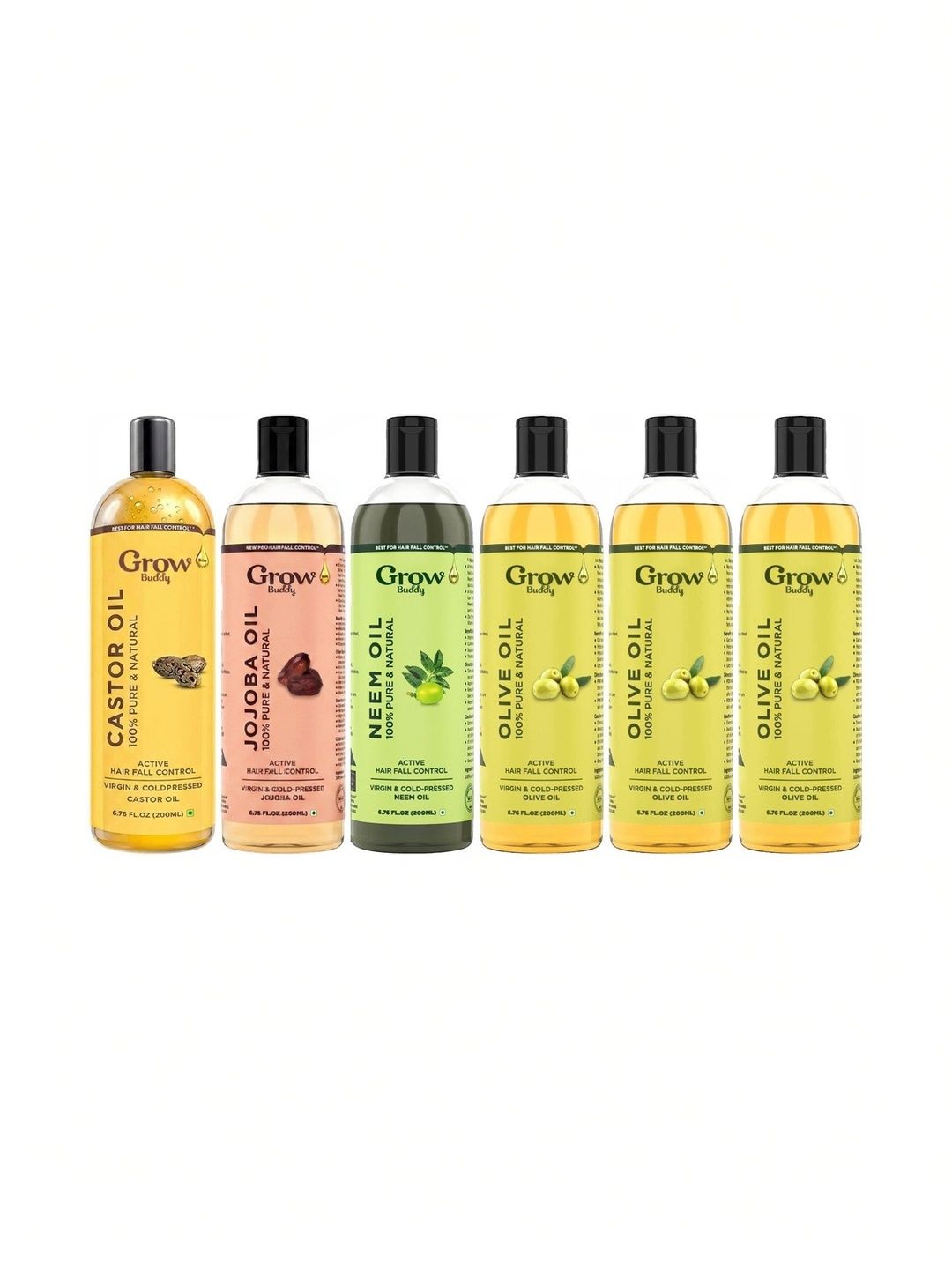 Growbuddy Set Of 6 Castor Jojoba Neem & Olive Oil - 200 ml Each-image-28