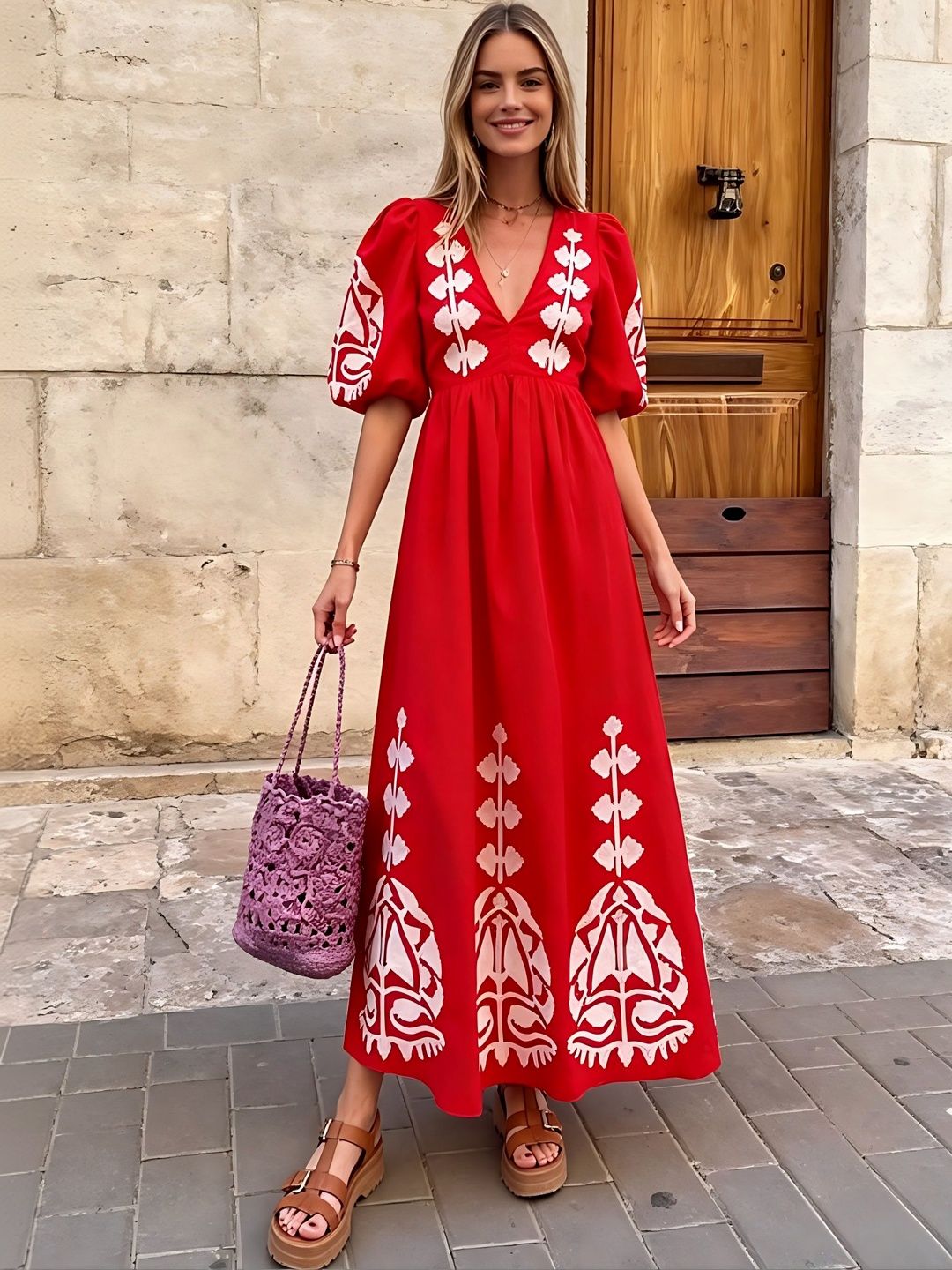 Routes by All About You Bohemian Print Puff Sleeve Net A-Line Maxi Dress-picture-36