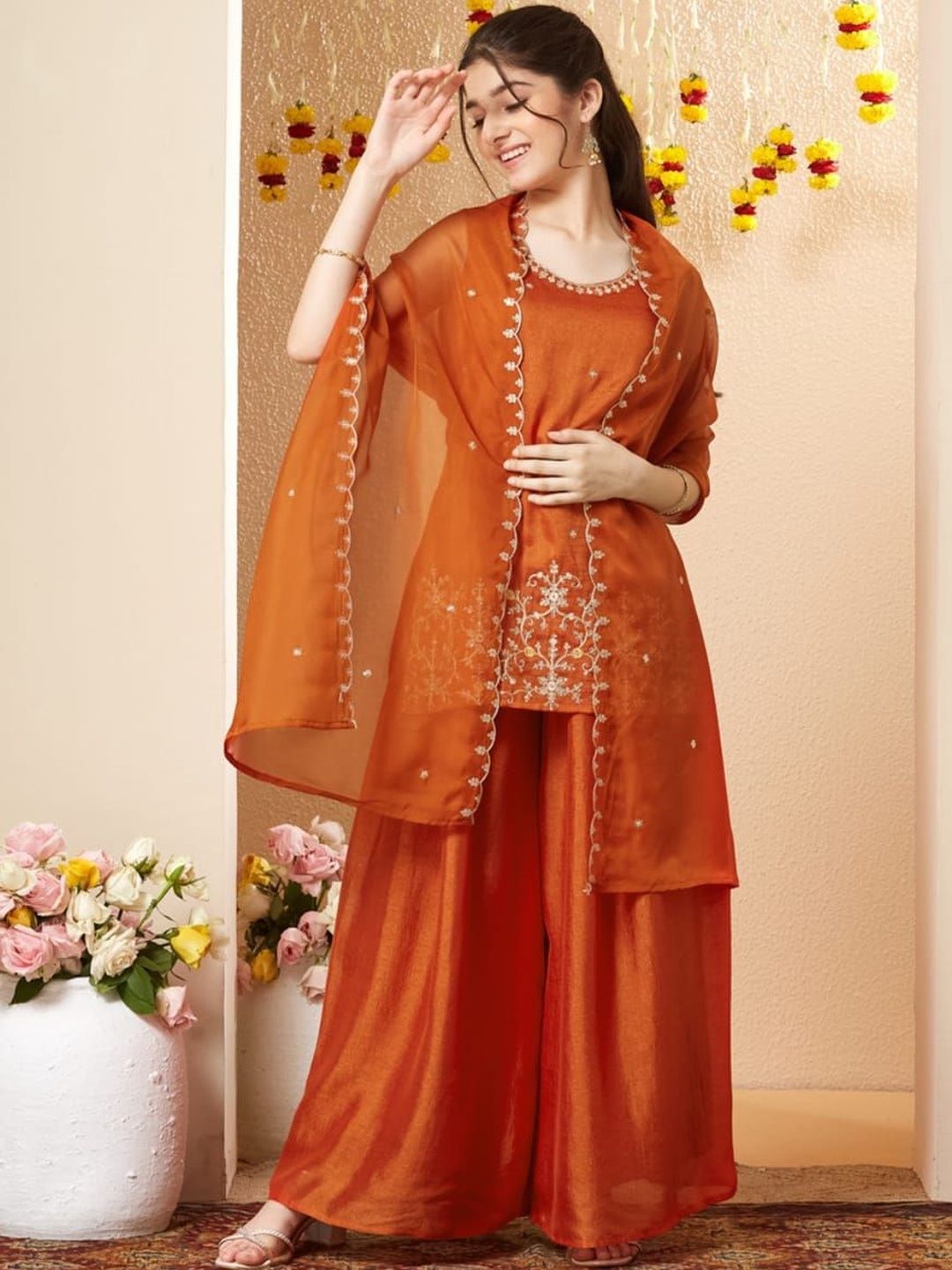 SK DRESSES Girls Ethnic Motifs Embroidered Regular Thread Work Kurti with Palazzos & With Dupatta-picture-4