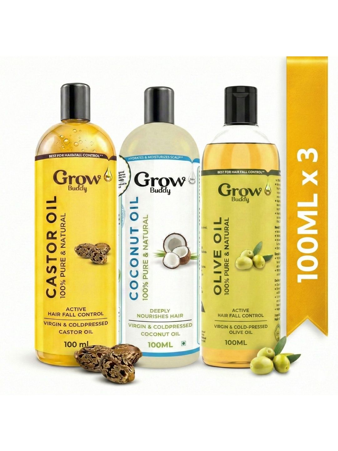 Growbuddy Set Of 3 Virgin & Cold Pressed Castor, Coconut & Olive Oil - 100 ml Each-image-43